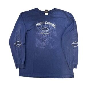 Vintage Harley-Davidson Shirt Mens XL Blue Long Sleeve Flame Sleeves Fader Y2K
